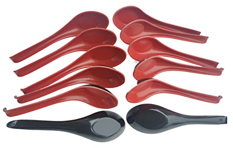 Lot de 12 grandes cuillères à soupe en plastique avec long manche, cuillères à riz Wonton rouge et noir pour nouilles won ton chinois