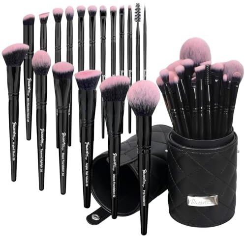 Bueart Design 18Pcs Pro Deluxe Fuchsia Pink Black Makeup Brushes Set | Durable Synthetic Brushes for Foundation, Concealer, Contour, Blush and Eyeshadow with Holder for Daily and Travel Makeup