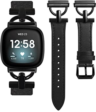 Wearlizer Lederarmband Kompatibel mit Fitbit Sense Armbänder/Versa 3/Versa 4/Sense 2 Armbänder Damen, Dressy Lederband mit D-Shape Metallschnalle für Versa 3/Sense Smartwatch, Schwarz/Schwarz