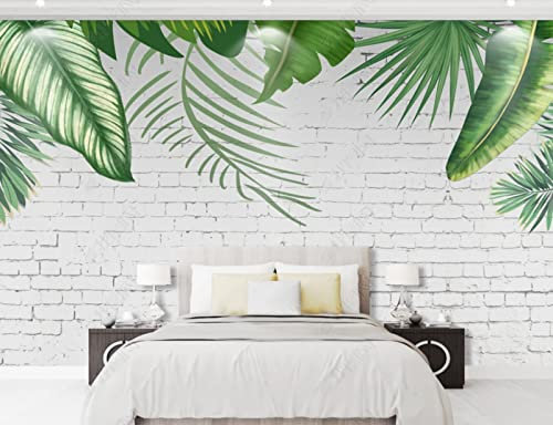 Papier Peint Mur De Briques Blanches Avec Des Feuilles De Bananier Muralepapier Peint Intissé Papier Peint Salon Chambre 200(W) X140(H) Cm