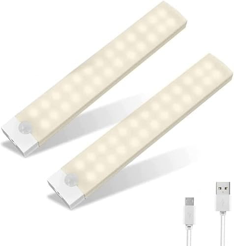 Motion Sensor Lights Indoor 2 Pack, Rechargeable Wireless Under Cabinet Light 26 LED Closet Lights Upgrade Adjustable Brightness/Memory Mode Night Lights for Wardrobe, Stairs Kitchen 20CM Warm White