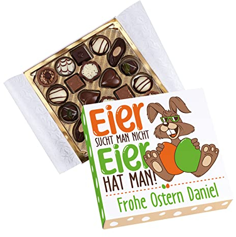 Herz & Heim® Lindt Pralinen mit Wunschname und witzigem Motiv: Eier sucht man nicht, Eier hat man!