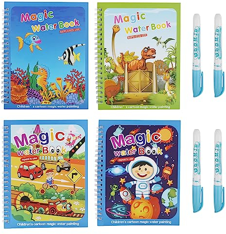 Fzyisw 4 Pièces Livre de Dessin Magique de l'eau, Magic Water Book Réutilisable, Livre de Coloriage a l’eau avec 4 Stylo Magique, Livre de Dessin Magique pour Enfants Éducation Dessin