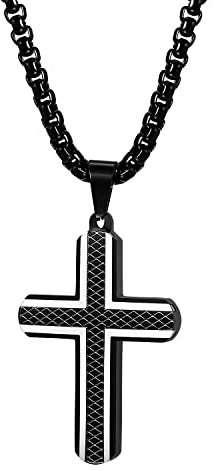 OIDEA Herren Halskette Kreuz Schwarz: Streifen Kreuzkette aus Edelstahl mit Weizenkette Religiöse Schmuck Kette mit Kreuz Anhänger Geschenk für Männer Junge