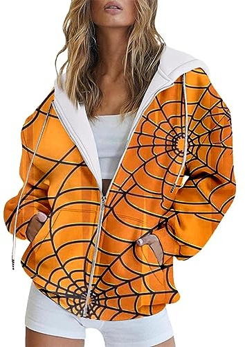 WLHBF Halloween Pullover Damen Langram Halloween Frühling und Herbst Mode Kürbis Kapuzenpullover Langarm Tasche Reißverschluss Sportmantel Lose Damen Kapuzenpullover Hoodie Dunkelgrün (B, XXXXXXL)