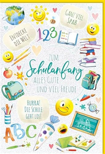 KE - Fröhliche Glückwunschkarte zur Einschulung mit Glitzer, B6 17,0 x 11,5 cm, inklusive Umschlag, Karte für den Schulanfang, Motiv: Smiley