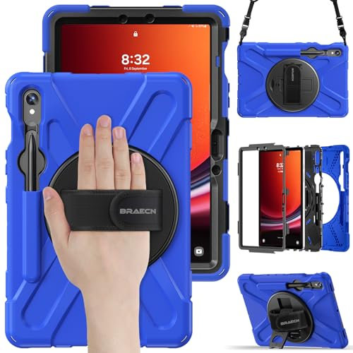 BRAECN Rugged Case for Samsung Galaxy Tab S10 Lite/S10 FE 2025 & S9 FE/S9/S8/S7 10.9/11 Inch | Shockproof Protective Silicone Cover with Rotating Stand, Kickstand, Shoulder Strap & Pen Holder, Blue