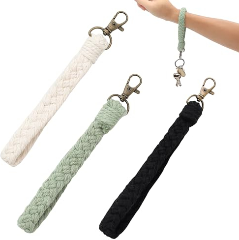 TRUEIN 3 Stücke Boho Geflochtener Schlüsselanhänger, Handgefertigt Schlüsselanhänger, Armband Schlüsselband, Schlüsselanhänger Makramee, Kurz Boho Lanyard (Weiß, Schwarz, Sojagrün)