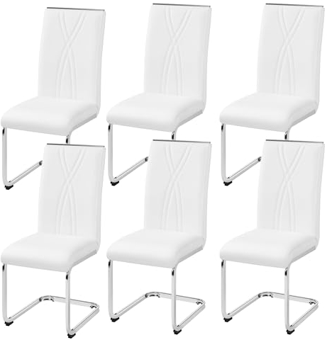 Yaheetech 6er Küchenstühle-Set Schwingstuhl mit Metalluntergestell Esszimmerstuhl Polsterstuhl fürs Esszimmer/Küche/Wohnzimmer/Restaurant/Konferenzraum, weiß