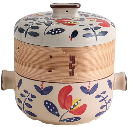 RSBFER Olla de cazuela Japonesa con Cesta de Vapor de bambú, cazuela de cerámica, Olla de Arcilla, Olla de Vapor para cocinar en la Cocina,C,2.5L
