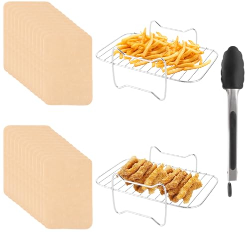 APACALI 2 Stück Edelstahl Heißluftfritteuse Grillrost mit 100 Stücke Backpapier, Air Fryer Zubehör kompatibel mit Ninja Foodi AF300EU AF400EU, Edelstahl Dual Heißluftfritteuse Zubehör