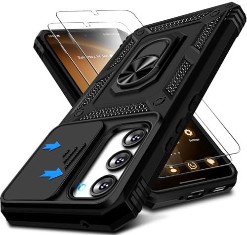 Kameraschutz Handyhülle für Samsung Galaxy S23 Hülle mit Displayschutz*2 pcs, 360 Grad Magnet Metall Ring Halter Galaxy S23 5G Tasche Case Militär Stoßfest Schutzhülle für Samsung S23 Handy (Schwarz)