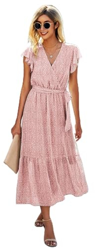 ASOMI Kleid Damen Sommer Boho: Blumen Herbst Wickelkleid Frühling Mode Lang Maxikleid V-Ausschnitt Casual Kurzarm Strandkleid Langarm Rüschen Freizeitkleid mit Gürtel 121 Rosa 36
