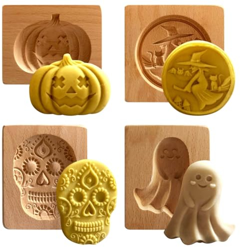 4 Stück hölzerne Keksformen Kekse geschnitzte Holzform DIY Keksstempel Ausstechform lustige 3D-Presse Prägeform für Weihnachten Backwerkzeug (Halloween Style)