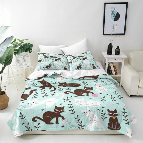 ANHOPE Nette Cartoon Tier Katze Bettwäsche Set 3 Teilig Bettbezug 135x200 cm & Kissenbezug 80x80 cm Microfaser Bettbezüge mit Reißverschluss Weich Bettdeckenbezug Set für Kinder Mädchen