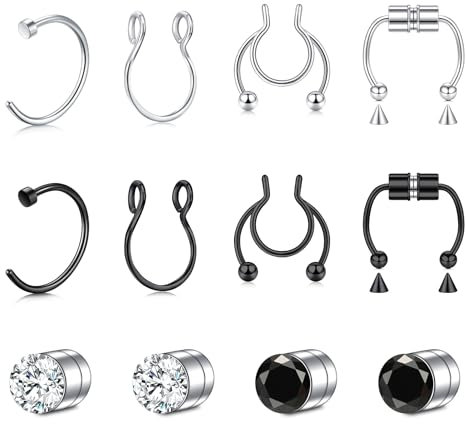 JFORYOU 12 Pieces Stainless Steel Fake Nose Ring Hoop No Pierced Magnetic False Septum Lip Tragus Ohr Ringe Earrings Silver Black Piercing Jewelry with Ball Accessories