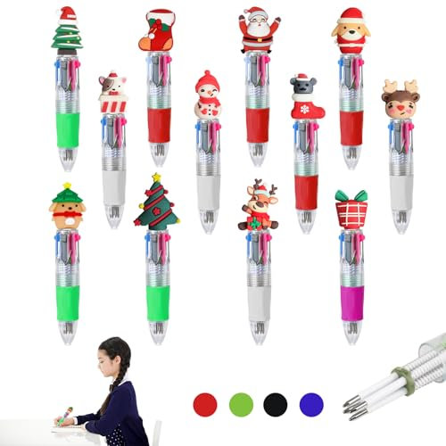KAHOUI 12 Stück Mini Weihnachtskarikatur Mehrfarbiger Kugelschreiber, Weihnachtsmann Elch Kugelschreiber Mehrfarbig, 4 Farben Kugelschreiber Drücken, Mehrfarben Kugelschreiber für Büro Studie