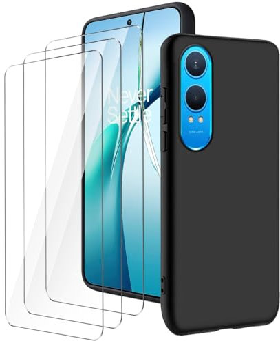 LYZXMY Funda para OnePlus Nord CE4 Lite 5G(6.67) Negro Carcasa +3 Protectores de Pantalla de Vidrio Templado, Carcasa Suave de Silicona TPU