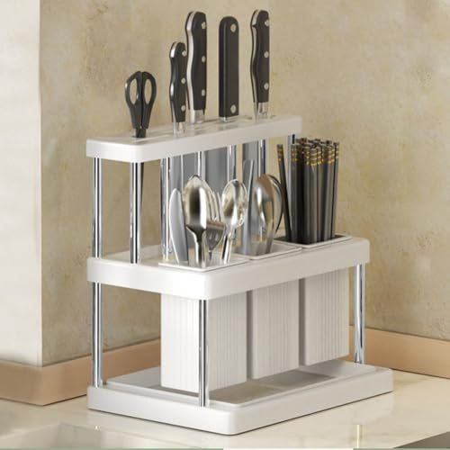 Cutlery Holder, Multi-purpose Kitchen Utensil Organizer, Kitchen Storage Rack, Cutlery Drainer, Stainless Steel Utensil Holder, For Storing Cutlery(White+Silver)