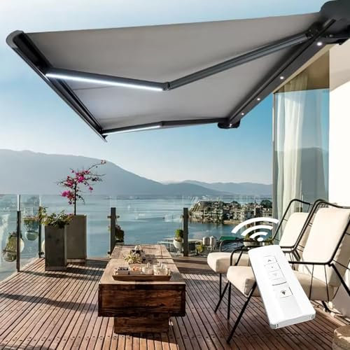 Electric Patio Awning Retractable Sun Shade with Remote Control and LED Light - Outdoor Sun Shade for Backyard, Garden, Balcony - Aluminum Frame