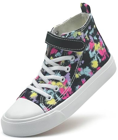 maxvinci Girls Trainers High Top Kids Easy Fasten Canvas Shoes Toddler Boys Lightweight School PE Pumps Casual Shoes(Black Rainbow 166)