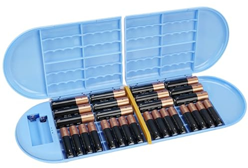Linkidea Battery Storage Case With Tester, Portable Organizer for 12 AA, 12 AAA, Flat Batteries, Single Layer Storage Box (Blue)