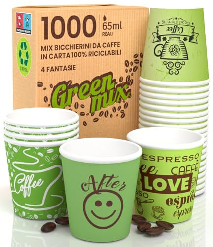 1000 Bicchierini in Carta per Caffè 65ml Green Mix Bicchieri Ecologici Biodegradabili Monouso Piccoli per Asporto Bevande Calde