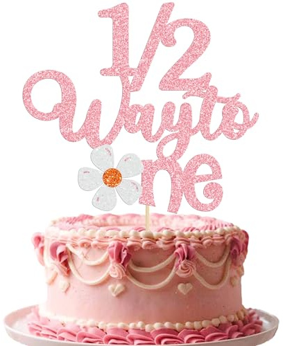 Gyufise Tortenaufsatz mit Gänseblümchen-Motiv, glitzernd, Happy 6 Monate, 1/2 halber Geburtstag, Kuchendekoration für Baby, halbes Jahr, Party, Dekoration, Zubehör, Rosa, 1 Stück