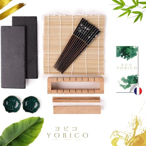YOBICO Sushi-Set aus Holz + 5 Essstäbchen + 2 Teller aus Schiefer + Zubehör | Sushi-Set | Sushi Maker aus Holz | Sushi-Maschine | Sushi-Gerät | Maki