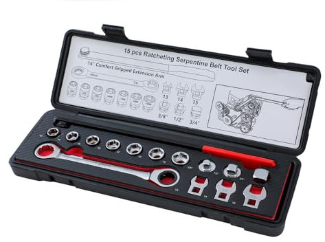 KATSU Tools – Jeu d’Outils Universel à Cliquet pour Courroie d’Accessoires, 15 Pièces, en CR-V, pour le Montage et le Démontage des Courroies de Véhicules