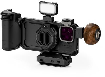 TILTA Khronos Handykäfig kompatibel mit iPhone 16 Pro Max mit Holzgriff, Kühlsystem, Focus PD-Griff und Mini-LED-Panel, ultimatives Kit, Schwarz TK-IP16-PMB-B