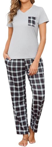 Crewhpo Pyjama Femme Été Coton Ensembles de Pyjama Femme à Col en V 2 Pièces Vêtements de Nuit Doux T-Shirt Manche Courte et Pantalon à Carreaux Gris Clair XL