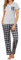 Crewhpo Pyjama Femme Été Coton Ensembles de Pyjama Femme à Col en V 2 Pièces Vêtements de Nuit Doux T-Shirt Manche Courte et Pantalon à Carreaux Gris Clair XL