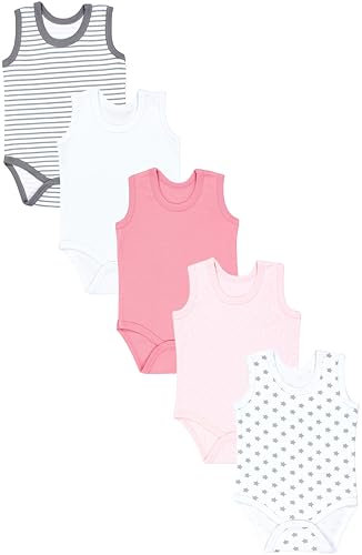 TupTam Body Neonato Senza Maniche 5 Pezzi – Body Bambina in Cotone, Perfetto per Estate o come Intimo, Stelle a strisce grigio polvere rosa a pois, 104