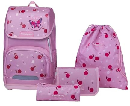 Schneiders Ergoplus Schultasche Set Cherry Pop (8-teilig) – Wandelbare Mädchen-Schultasche mit LED, ergonomisch & nachhaltig, superleicht (950g), 22L, rot/pink, inkl. Zubehör & Heftbox