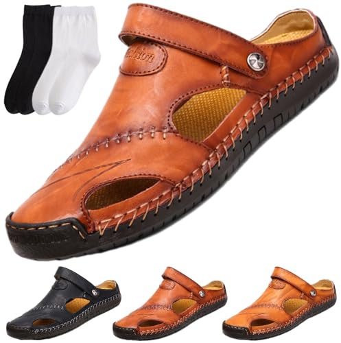 Sandali Estivi Uomo In Pelle Con Punta Chiusa, Sandalo Chiuse Davanti Pantofole Doppio Uso, Antiscivolo Ciabatte Estive (Marrone Rosso, Adulto, 41, Numero, Sistema Taglie Calzature EU, Media)