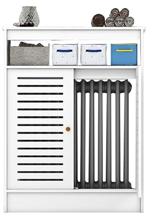 Copritermosifone Bianco Con Griglia A Persiana E Ripiano, Mobiletto Riscaldante Decorativo, Organizer In Legno Con 2 Ante Per Soggiorno E Bagno(70x20x90cm/27.5x8x35)