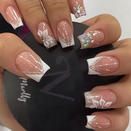 French Press On Nails, Eckig Kurz Nägel Zum Aufkleben, 24 Stück Glänzend Rosa Künstliche Nägel mit Strasssteinen & Blumen, Kunstnägel mit Nagelkleber, Fingernägel, Fake Nails, Nail Art Maniküre Frauen