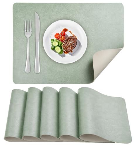 APLKER Tischsets Abwaschbar 6er Set Doppelseitigen Lederoptik Platzsets | Kunstleder Platzdeckchen Abwaschbar Wasserdicht Tischsets Platzsets Abwaschbar Rutschfest 43 × 30 CM Salbeigrün/Cremeweiß