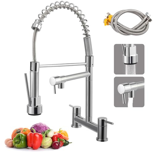 Kitchen Taps Mixer, Sink Mixer Taps 2 Hole Dual Lever, 360° Swivel Alloy Faucet with 2 Spray Modes, Corrosion-Resistant Ceramic Valve, Easy Install 2-Hole Deck Mounted (UK 180mm Centre)(Silver)