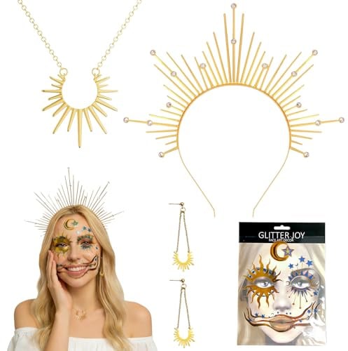 TSKYUP Sonnengöttin Halo Stirnband,Sonne Heiligenschein Krone Stirnband,Halsketten,Ohrringe,Gesicht Tattoo,Sonnengöttin Kostüm Zubehör für Damen Karneval Fasching Mottoparty Cosplay