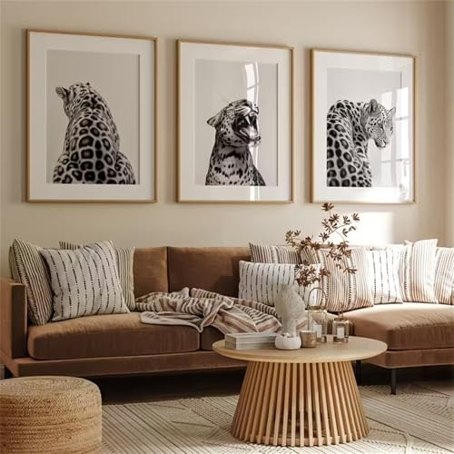 Meuzzvor Poster Set 3er Set Moderne Wandbilder Schwarz Weiß Leopard Poster für Schlafzimmer Esszimmer Wohnzimmer Deko Kunstdruck Leinwand Bilder Ohne Rahmen (40x50cm)