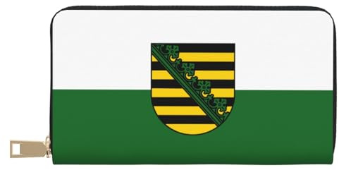 asbwuo Ledergeldbörse mit sächsischer Flagge für Damen und Herren – Lange Geldbörse mit Reißverschluss, großes Kreditkartenfach, Reisetasche
