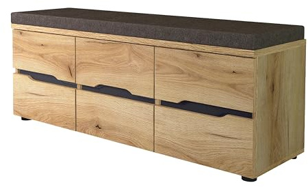Fargo Sitzbank mit Sitzkissen Bank Stauraum 3 Türen 120 x 48 x 38cm (B/H/T) | Flurbank in Graubraun meliert mit 3 Fachböden, grifflosen Fronten und FSC-Zertifizierung für den Eingangsbereich