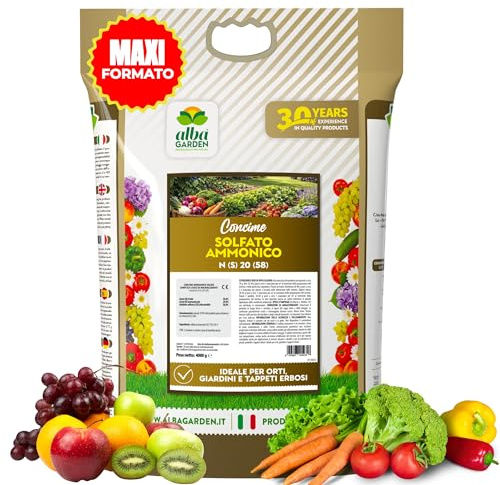 Albagarden - Concime Granulare di Solfato Ammonico MAXI 4 Kg – Concime con Azoto Ammoniacale a Cessione Progressiva + Zolfo - Migliora Sapore e Crescita - Per tutte le Piante