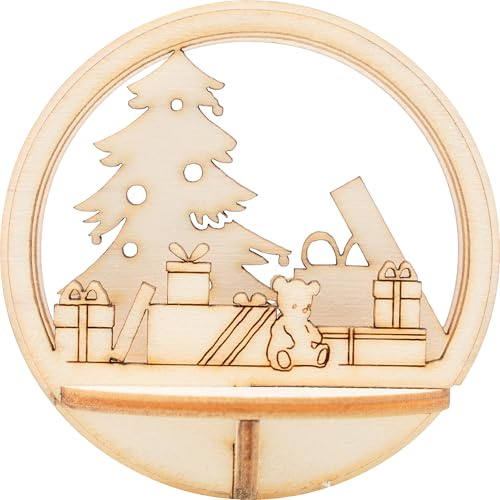 VBS Holz-Steckmotiv für Acrylkugel Weihnachten 7.5 cm Durchmesser unbemalt Sperrholz Dekorieren Farben Bausatz kreative Bastelideen Haus