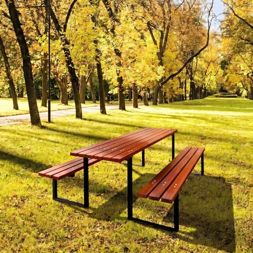 REKORD Massiver Picknicktisch Parktisch Atlas Sitzgruppe Holz Stahl 170x169x75cm Stabiler Gartentisch Bänke 6-8 Personen Wetterfest Robust für Park Terrasse Gastronomie Outdoor Tischset - Mahagoni