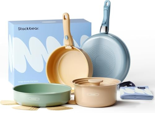 Stackbear 12 Piece Ceramic Cookware Set with Detachable Handle, Non Stick | 12 Piece Set | Ceramic Non Stick | Detachable Handle | Induction Compatible | PFAS, PFOA & PTFE Free