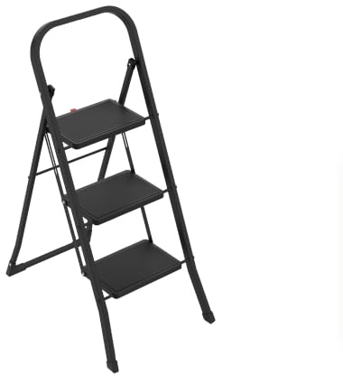 Amig Escalera Plegable 3 Peldaños Acero Negra 106x72x46 cm | Pestaña para plegado fácil. Resistente y con peldaños antideslizantes. Facilita el acceso a zonas elevadas.
