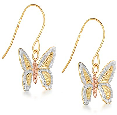 CARISSIMA Women's 9ct 3 Colour Gold Butterfly Drop Earrings
